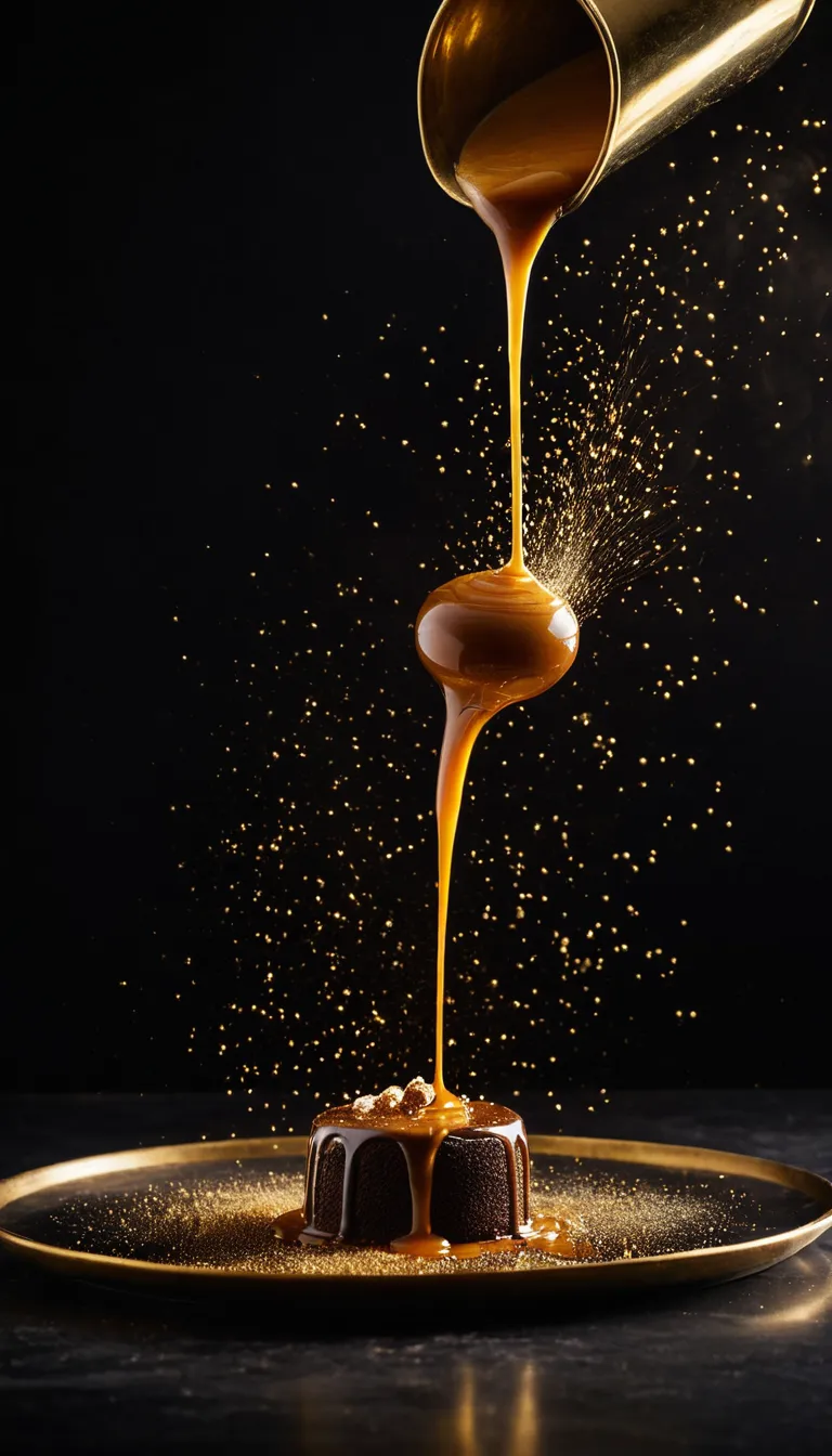 AI generated caramel pouring over chocolate dessert with gold splash