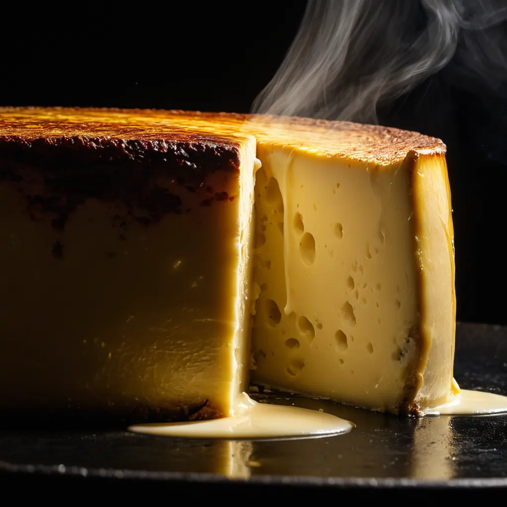 AI generated steaming basque cheesecake close-up