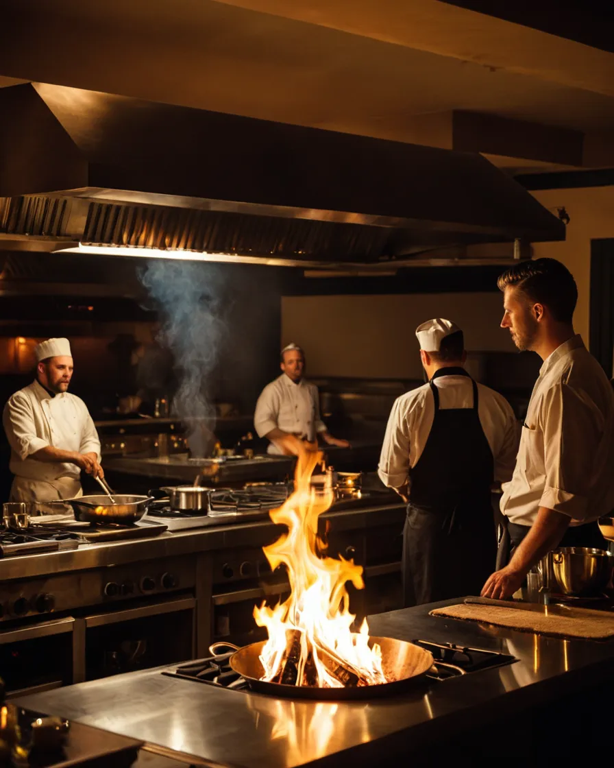 AI generated kitchen scene with chefs and open flame