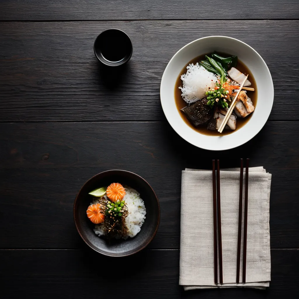 AI generated Japanese cuisine flat lay on dark wood table